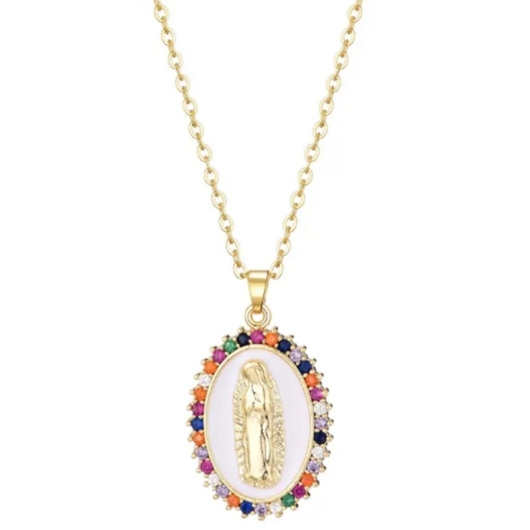 Gold Virgin Mary Rhinestone Necklace - Picture 7 of 7